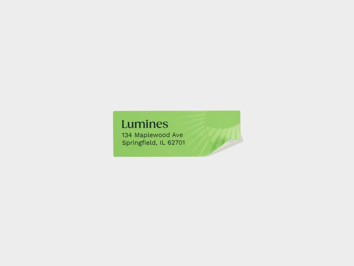 A customized matte paper sticker in size 1x2.75.