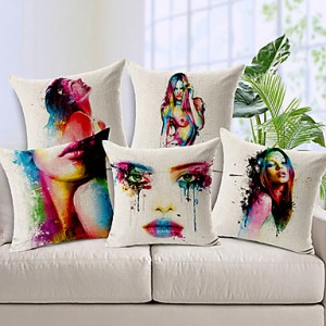 Set of 5 Body painting Colorful Flower Cotton/Linen Decorative Pillow Cover